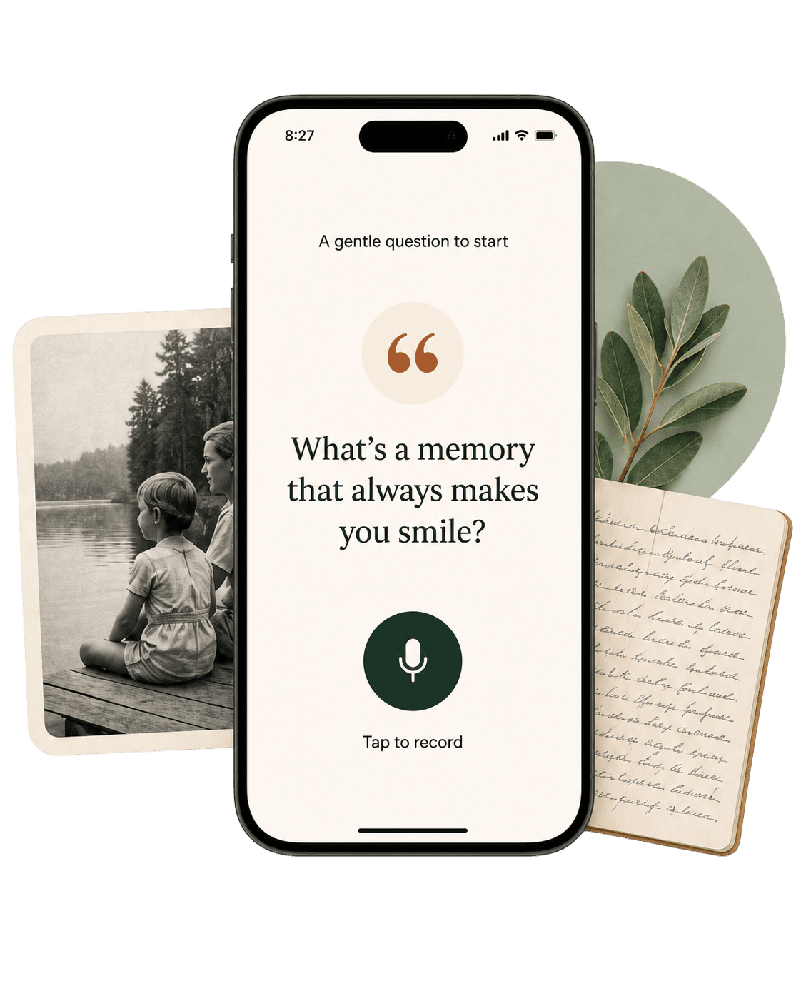 The A Story or Two app asking a gentle question, alongside an old photograph and a handwritten journal
