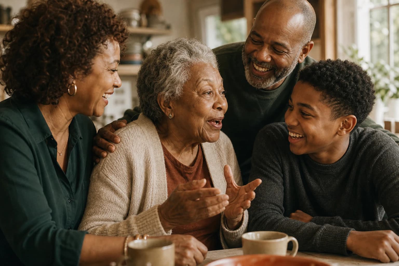 Four generations laughing together as their grandmother shares a story